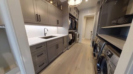 walk in closet and laundry room with staging and stainless appliances deep sink grey cabinets