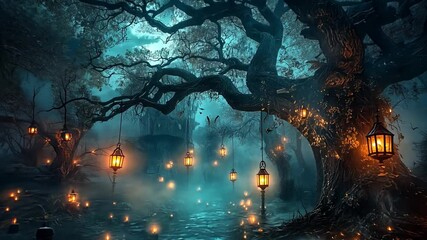 Aufkleber - This mystical forest glows with lanterns as fog swirls around towering trees at dusk.