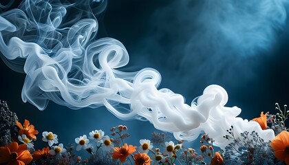 Wall Mural - Intriguing wispy smoke against a deep blue backdrop, elegantly bordered by delicate flowers, inviting personalization and sophistication