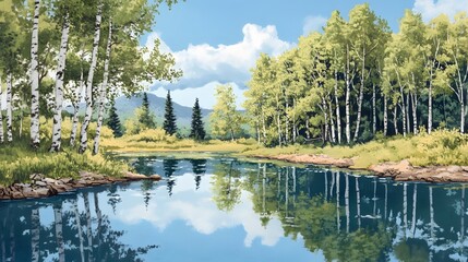 Wall Mural - A Tranquil River Scene Reflecting Lush Green Trees and White-Barked Birch Trees