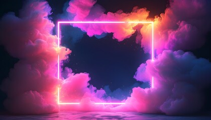 Poster - Ethereal neon frame pulsating with vibrant light amidst swirling pink and purple fire clouds in a fantastical dreamscape