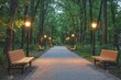 © Outkast - A Paved Pathway Through a Tranquil Forest Park at Dusk