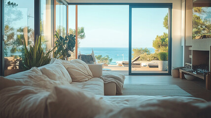 A cozy living room with a view of the serene ocean at sunset in a modern beach house