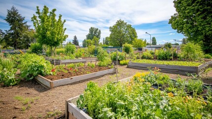 Wall Mural - Lush Organic Community Garden with Raised Beds and Greenery