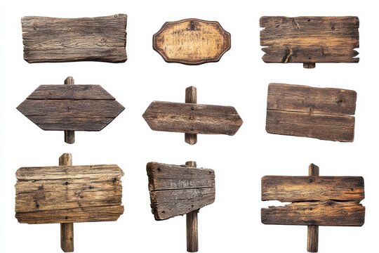 A collection of rustic wooden signs isolated on white background