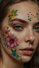 Wall Mural - Close-up portrait of a beautiful model with floral face paint.