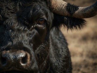 Wall Mural - Close-up portrait of a black bull with large horns, staring directly at the camera.