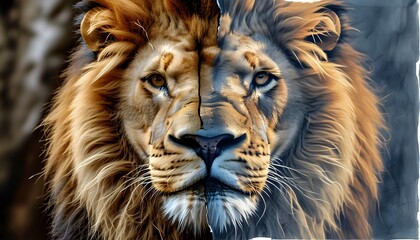 Wall Mural - Majestic lion captured in a split-screen blend of realistic photography and detailed hand-drawn sketch, highlighting contrasting textures and artistic expression