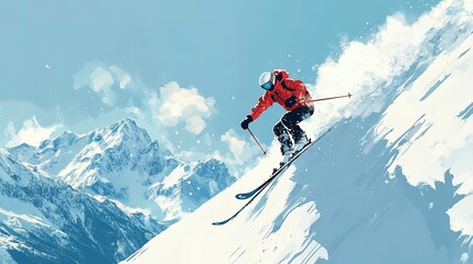 Wall Mural - A Skier skiing. Jumping skier. Snowboarding. Extreme winter sports. Skier skiing downhill during sunny day in high mountains. 