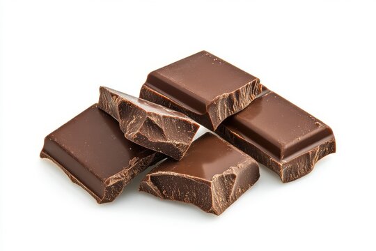 Several pieces of milk chocolate bars isolated on white background