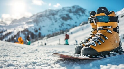 Wall Mural - A set of snowboarding boots and board leaning against a snowy mountain slope, with skiers in the background. 