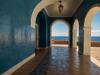 Sticker - Colorful hallway with arches, ocean view, and blue tiled floor.