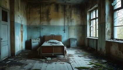 Wall Mural - Haunting ambiance of an eerie abandoned room with crumbling walls, a broken bed, and a cluttered floor filled with remnants of the past