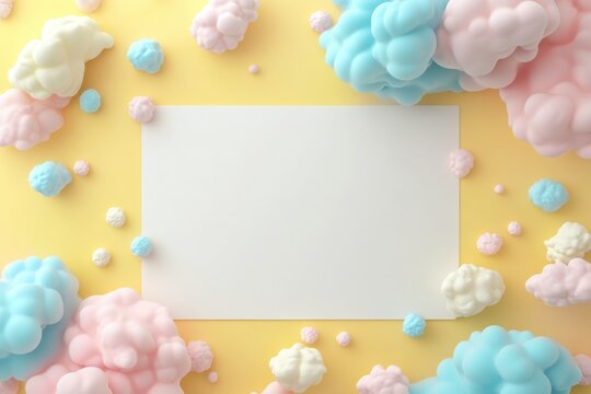 A soft pastel-colored frame made of clouds and small shapes