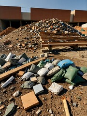 Sticker - Construction debris pile with garbage bags, bricks, and rubble.