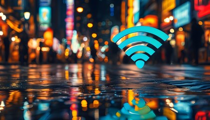 Illuminated Wi-Fi symbol reflection on wet street in vibrant urban setting with glowing city lights at night