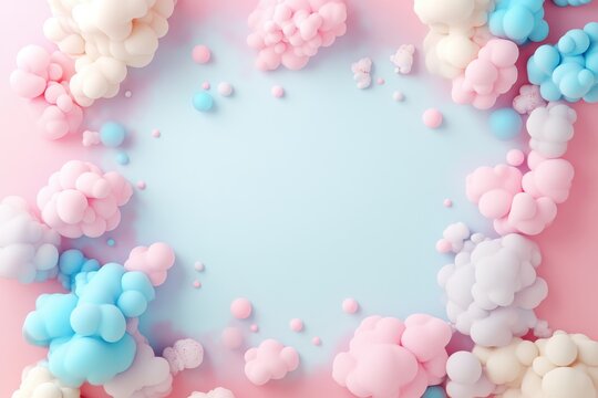 A soft pastel-colored frame made of clouds and small shapes
