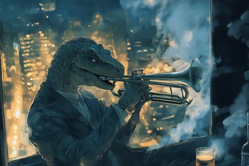 Canvas Print - Dinosaur Playing Trumpet in a Cityscape.