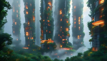 Wall Mural - Futuristic skyscraper enveloped in lush greenery and mist, with warm interior lights casting a glow on the stunning architectural design.