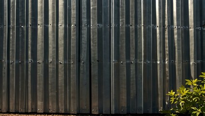 Wall Mural - Corrugated zinc fence with sunlight casting leaf shadows.