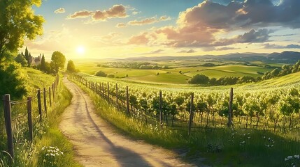 Poster - Rural Road Winding Through Vineyards at Sunset.