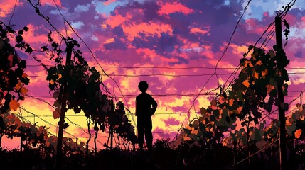 Poster - Silhouette of a Person Standing in a Vineyard at Sunset.