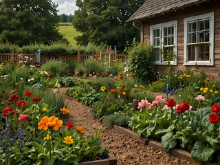 Sticker - Country home with garden flowers and vegetable beds.