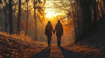 Couple Walking into the Autumn Sunset