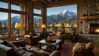 Poster - Cozy living room with mountain views, featuring a warm and inviting atmosphere.