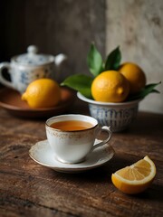 Poster - Cup of tea with lemon on a kitchen table.