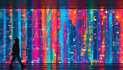 Person walking alongside a vibrant illuminated cityscape wall adorned with modern digital art and technological influences