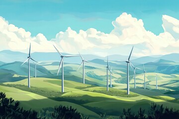 Landscape with wind turbines on rolling hills under a blue sky with fluffy clouds, representing renewable energy and green technology.