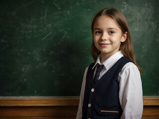 Cute schoolgirl standing at the blackboard.