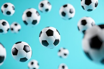 Multiple black and white soccer balls in mid-air against a bright blue background