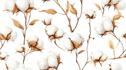 Seamless texture of cotton flower eco buds branches Hand drawn watercolor background featuring cotton balls Vintage botanical illustration on a white backdrop suitable for print poster fabric text