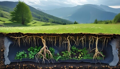 Wall Mural - Breathtaking countryside field revealing an underground cross-section of plant roots against a majestic mountainous backdrop