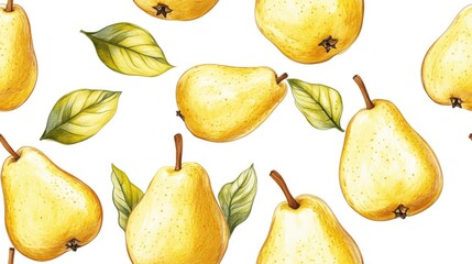 Wall Mural - Seamless pattern of hand drawn pears in colored pencil style on a white background