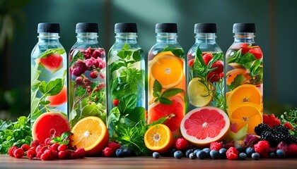 Wall Mural - Vibrant infused water display featuring an assortment of fruits and herbs for refreshing and healthy hydration options