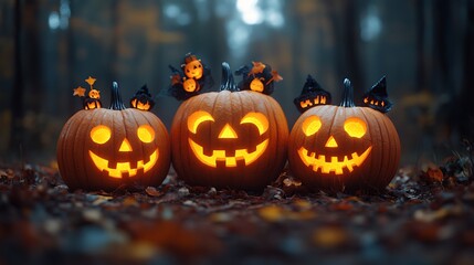 Three jack-o'-lanterns in different Halloween costumes, positioned to the left side of the frame, leaving a clear space on the right for text. The bright, sharp image focuses on the intricate