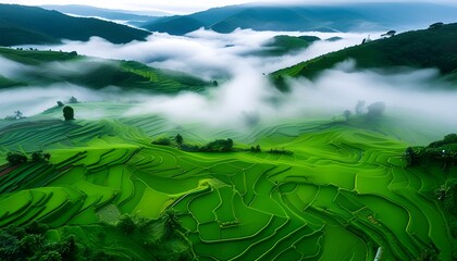 Aerial panorama of lush green terraced fields blanketed in mist, showcasing the stunning beauty of nature and agricultural landscapes.