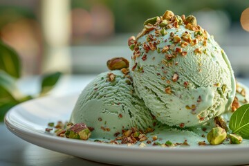 Wall Mural - Close-up of Pistachio Ice Cream Scoops with Nuts on White Plate