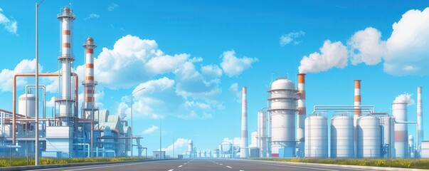 Industrial landscape with factories and blue sky, bright and modern setting.