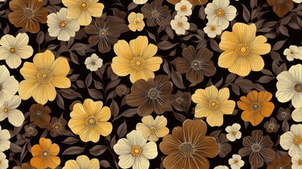 Raster illustration of a seamless repeat pattern featuring flowers in brown black and yellow hues Suitable for fabric gift wrap and wall art design