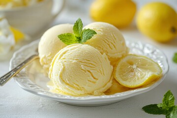 Wall Mural - Lemon Ice Cream with Mint Garnish on White Plate