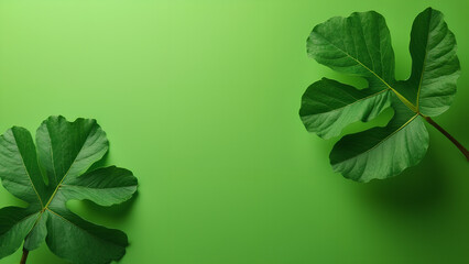 fresh moringa leaves on green background top view with copy space