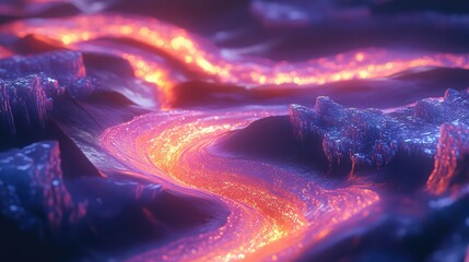 Wall Mural - Abstract 3D rivers of glowing liquid light winding through a crystalline landscape.