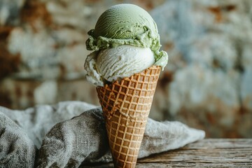 Wall Mural - A Double Scoop of Vanilla and Green Tea Ice Cream in a Waffle Cone