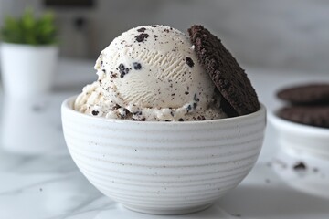 Wall Mural - White Chocolate Chip Ice Cream with a Chocolate Cookie on Top in a White Bowl