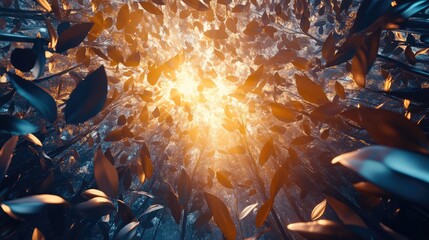 Wall Mural - Abstract 3D sun rays shining through a canopy of metallic leaves in a futuristic forest.