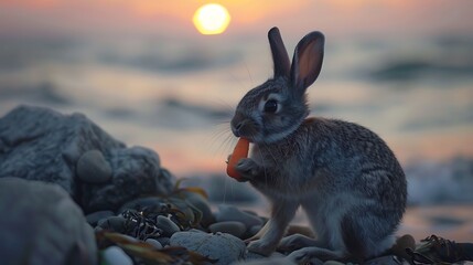 Wall Mural - Rabbit eating a carrot at the seashore at dusk